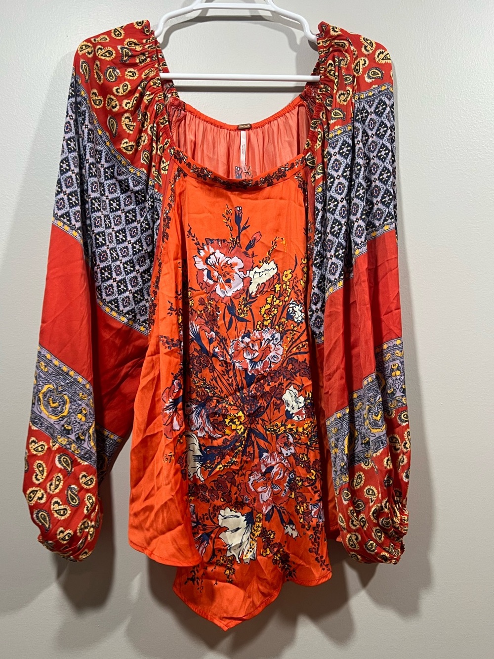 Free People Red Floral Asymmetrical Printed Blouse Medium